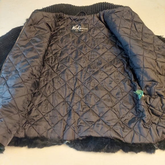 Nika Black Faux Fur Knit Puff Sleeves Bomber Jacket Y2K Baddie Moto Size L - Picture 9 of 14